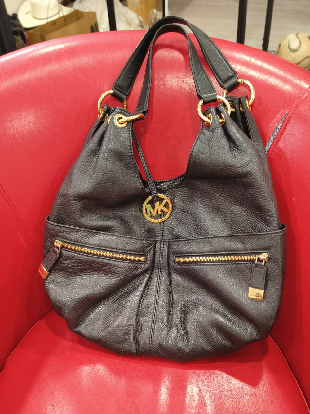 Michael Kors Black Pebbled Leather Shoulder Bag with Gold Accents
